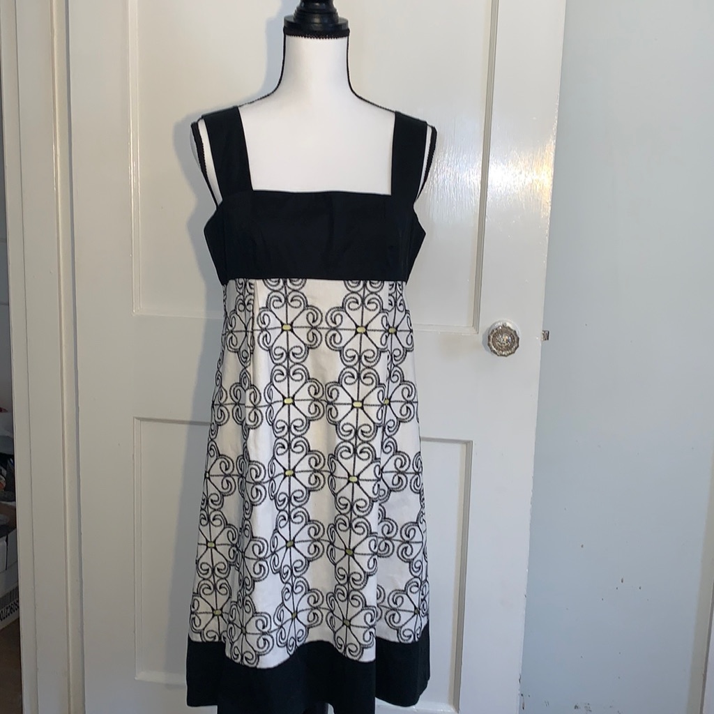 Adrianna Papell Embroidered Babydoll Dress Size 10 Black Cream & Pops Of Yellow